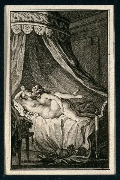Two women engaged in sexual intercourse in a neoclassical canopied bed