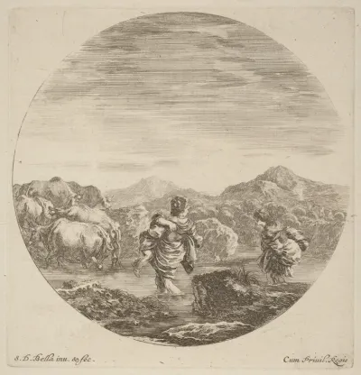 Two Women Fording a Creek with a Herd of Cows