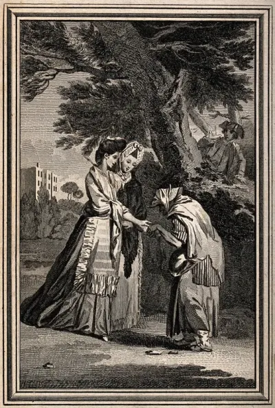 Two women having their palms read by fortune-teller, a man signalling from behind a tree