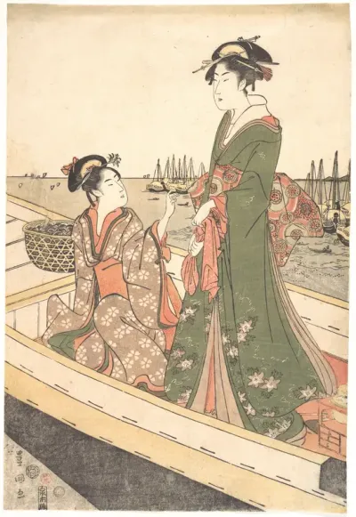 Two Women in a Boat; One Holding a Basket of Mussels
