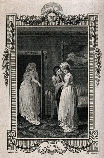 Two women leave the room as a young man holds the hands of a girl and inclines his head towards her