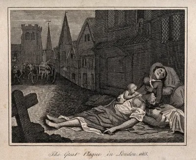 Two women lying dead in a London street during the great plague, 1665, one with a child who is still alive