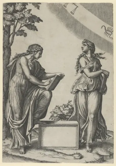 Two women of the zodiac standing beneath the signs of Libra and Scorpio
