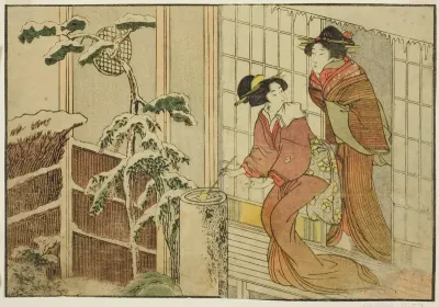 Two Women on Verandah on a Snowy Morning, from the illustrated book "Picture Book: Flowers of the Four Seasons (Ehon shiki no hana)," vol. 2