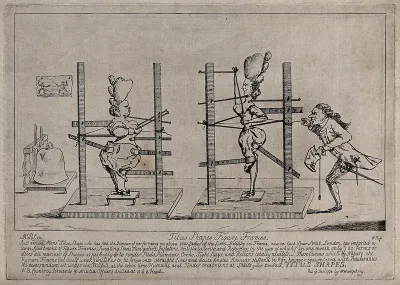 Two women, one fat, one thin, standing inside wooden frames with various strings and paddles attached to them