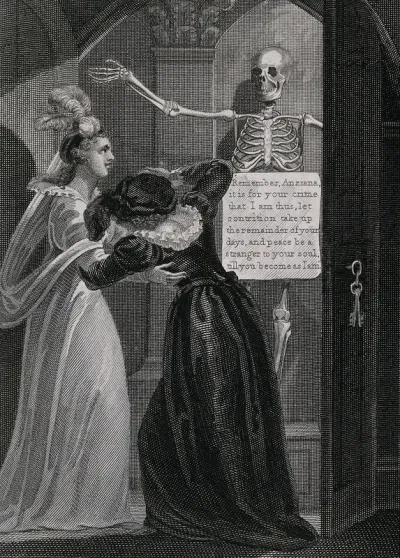 Two women open a cupboard in which a skeleton stands