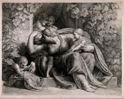 Two women (or a woman and a man) with four children in the doorway of a stone house in Rome