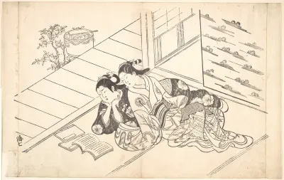Two Women Reclining on the Floor of a Room and Reading a Book