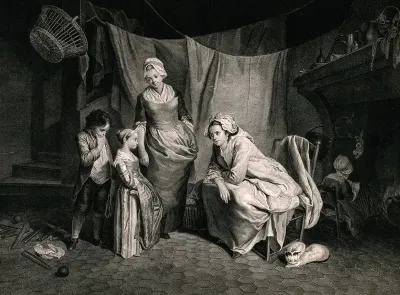 Two women reprimanding two children
