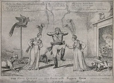 Two women stand and berate a man who is standing between them and is covering his ears