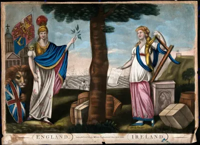 Two women standing under a tree exchanging an olive branch and music, with freight around them and with ships passing by in the background; representing the friendship of England and Ireland as a sea-trading union