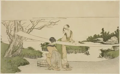Two women stretching cloth