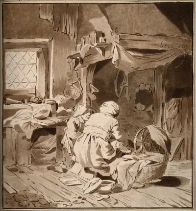 Two women tending a child in a messy domestic interior