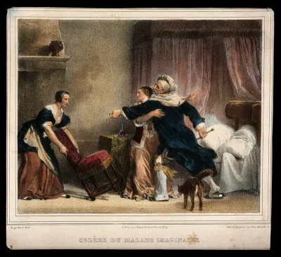 Two women trying to seat a hysterical hypochondriac while a cat arches its back