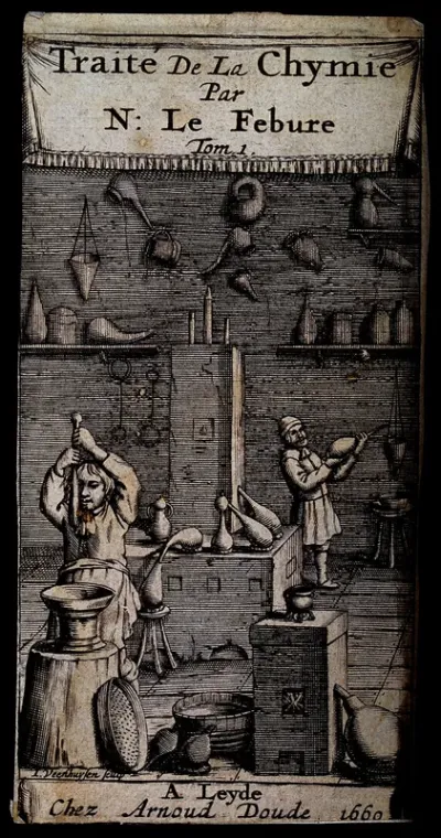 Two workers in an alchemist's laboratory, surrounded by chemical receptacles and equipment