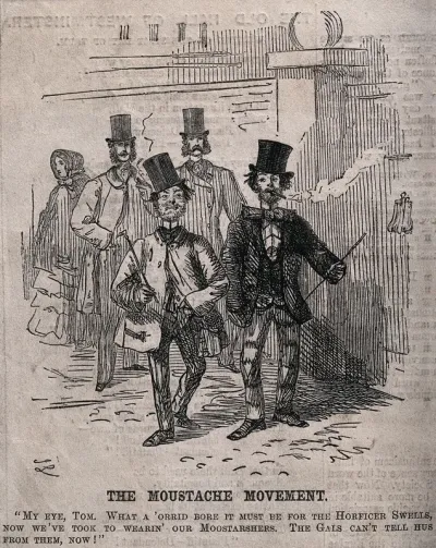 Two working-class men wearing top hats and moustaches, imitating the fashions of the upper classes, rejoice in their new-found equality in fashion