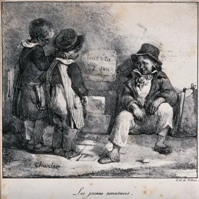 Two young children are talking to an older boy who is selling prints on the street