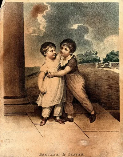 Two young children, brother and sister, standing together in a colonnade with fields behind them