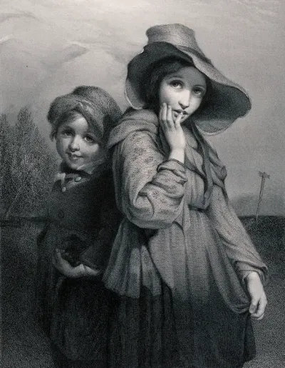 Two young children in ragged clothing learning to beg for money
