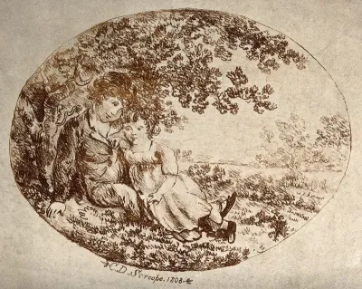 Two young children sit under a tree on a grassy bank