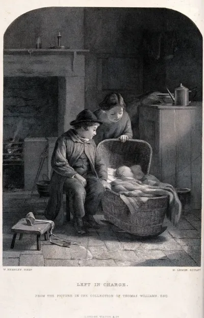 Two young children who have been left to look after a baby in a crib