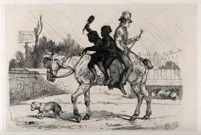 Two young chimney sweeps on a decrepit horse, in a yard; a man is seated behind them, facing backwards