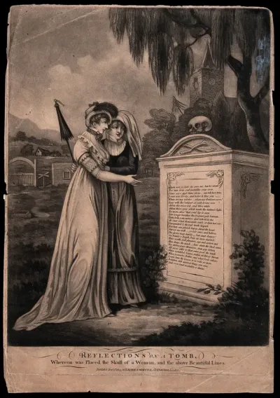 Two young ladies contemplating a tombstone in a graveyard