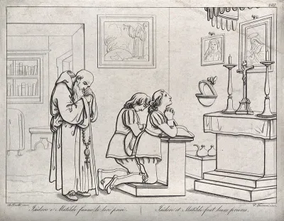 Two young people and an old monk in prayer