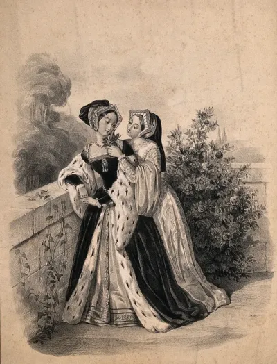 Two young women are standing by a stone wall, one is offering the other a rose to smell