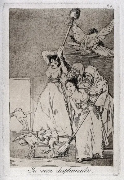 Two young women chasing and sweeping bird figures with mens' heads out of a door, encouraged by two old men in religious habits