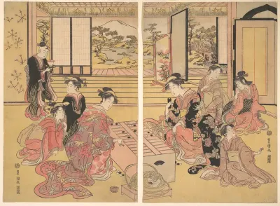 Two Young Women Playing a Game of Sugoroku