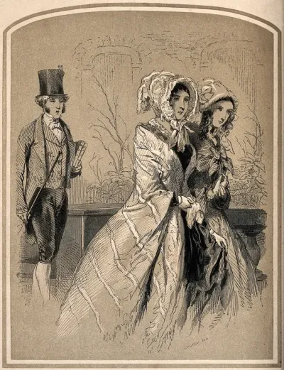 Two young women walking together are being followed by a young man carrying books and a walking cane