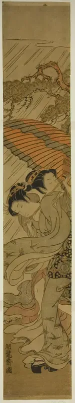 Two Young Women with Umbrella Caught in Rainstorm