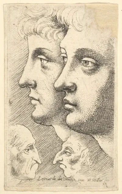 Two youths in profile to left with two grotesque heads facing each other below