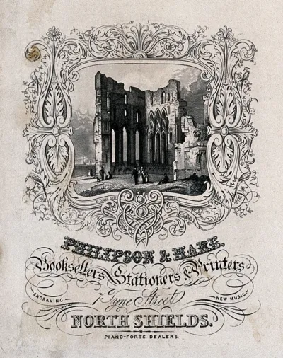 Tynemouth Abbey, with an elaborate border and engraved lettering; advertising the engraving and other services of Philipson & Hare