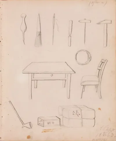 Työkaluja ; sormus ; pöytä ja tuoli ; paketteja. Merkitty: A. Edelfelt  /  18 25/XII 63.