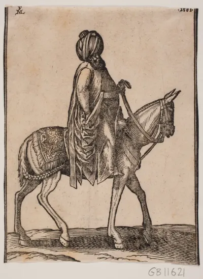 Ubevæbnet, velnæret, ældre rytter med turban; profil t.h.