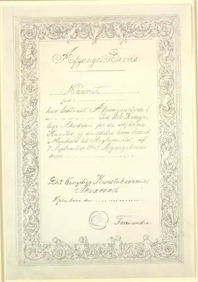 Udkast til Afgangsbevis fra Kunstakademiet 1865