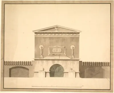 Udkast til det Gandilske gravmæle, på Assistens kirkegård. Facaden med sarkofag, hvorpå relief med mand, kvinde og 3 børn