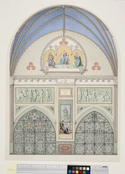 Udkast til hvælvingens dekoration i Christian IV's kapel i Roskilde Domkirke. I midten Christian IV som barn. Herover to friser med scener fra kongens liv