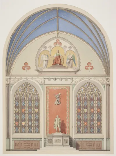 Udkast til hvælvingens dekoration i Christian IV's kapel i Roskilde Domkirke. Udsmykning i midten med statue af Christian IV
