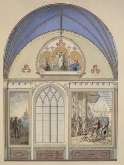 Udkast til hvælvingens dekoration i Christian IV's kapel i Roskilde Domkirke. Udsmykning t.h. med Chr. IV på Trefoldigheden