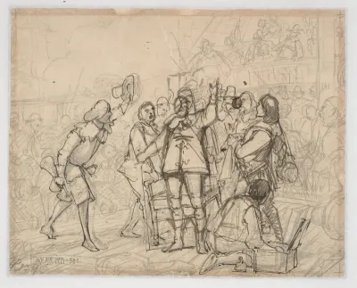 Udkast til maleri i Chr. IVs kapel i Roskilde "Chr. IV på Trefoldigheden" (1864-66)