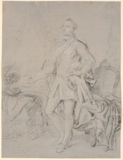 Udkast til portræt i helfigur. Forarbejde til Chr. VI.s familiebillede (Rosenborg)? Frederik d. V. som kronprins