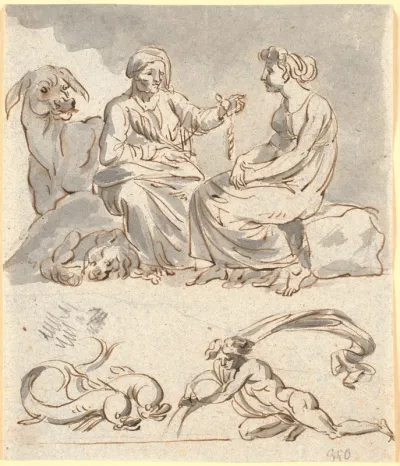 Udkast til scene af Apuleus' "Det gyldne æsel" 4.bog. Røverbandens husholderske fortæller den unge pige myten om Amor og Psyke. Nedenunder et par delfiner og en nøgen figur, muligvis vandmanden - himmeltegn for februar og januar