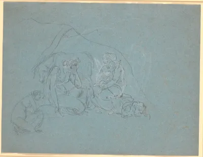 Udkast til scene i Apuleus' "Det gyldne æsel" 4.bog. Røverbandens husholderske fortæller den unge pige myten om Amor og Psyke