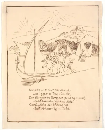 Udkast til sidste illustration med englebørnene i båden