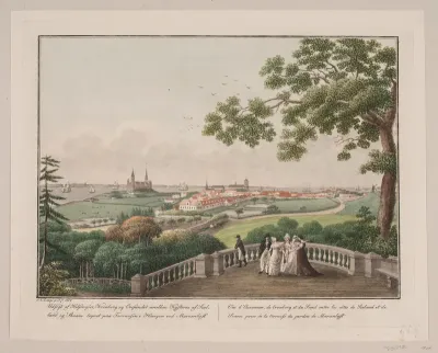 Udsigt af Helsingør, Kronborg og Øresundet imellem kysterne af Sjælland og Skåne. Tegnet på terrassen i hangen ved Marienlyst