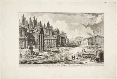 Udsigt Forum Romanum, med templet for Castor og Pollux i forgrunden og Avertiner-højen i det fjerne