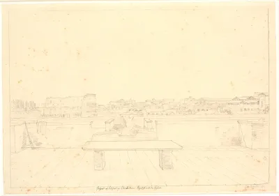 Udsigt fra den nu nedrevne Villa Casalis øvre terrasse mod Colosseum og Monte Esquilino, i baggrunden Quirinalet, Rom
